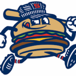 Cartoon hamburger mascot wearing a cap with a US flag, sneakers, running while holding a baseball bat