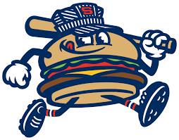 Cartoon hamburger mascot wearing a cap with a US flag, sneakers, running while holding a baseball bat
