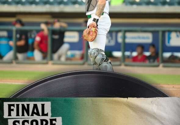 Baseball catcher in full gear standing on the field with a large 'FINAL SCORE' graphic showing 6 to 7 and team logos in the foreground.