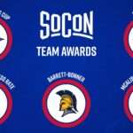 Blue banner displaying 'SOCON Team Awards' in the center with six circular team emblems around it on a red-ringed white center.