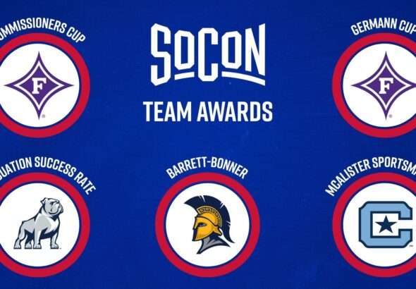 soconawards » Greenville Sports Media Blue banner displaying 'SOCON Team Awards' in the center with six circular team emblems around it on a red-ringed white center.