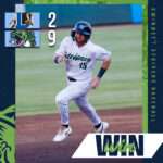 Baseball player in pinstriped uniform running on the field as a promotional poster backdrop for a win—green, blue, and teal design elements with team logos on the left and 'WIN' text at bottom right.