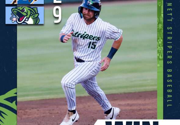 Baseball player in pinstriped uniform running on the field as a promotional poster backdrop for a win—green, blue, and teal design elements with team logos on the left and 'WIN' text at bottom right.