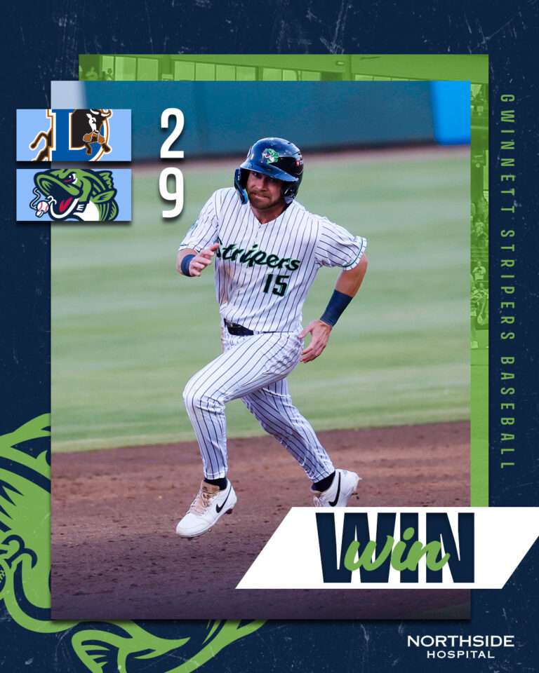 Baseball player in pinstriped uniform running on the field as a promotional poster backdrop for a win—green, blue, and teal design elements with team logos on the left and 'WIN' text at bottom right.