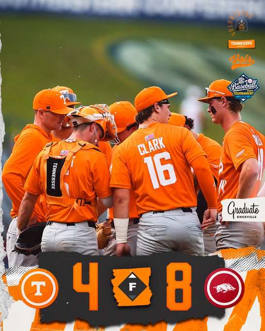 Group of college baseball players in orange uniforms huddle on the field; score shows 4-8 with team logos at bottom. The back of player Clark #16 is visible.