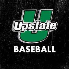 Upstate Baseball logo with a large green U and the word 'Upstate' over it on a dark textured background.