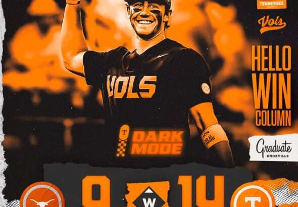 Smiling Tennessee Volunteers player in black uniform lifts a ball to celebrate, orange-dominated collage and 'HELLO WIN COLUMN' text nearby. Final score 9–14 at the bottom.