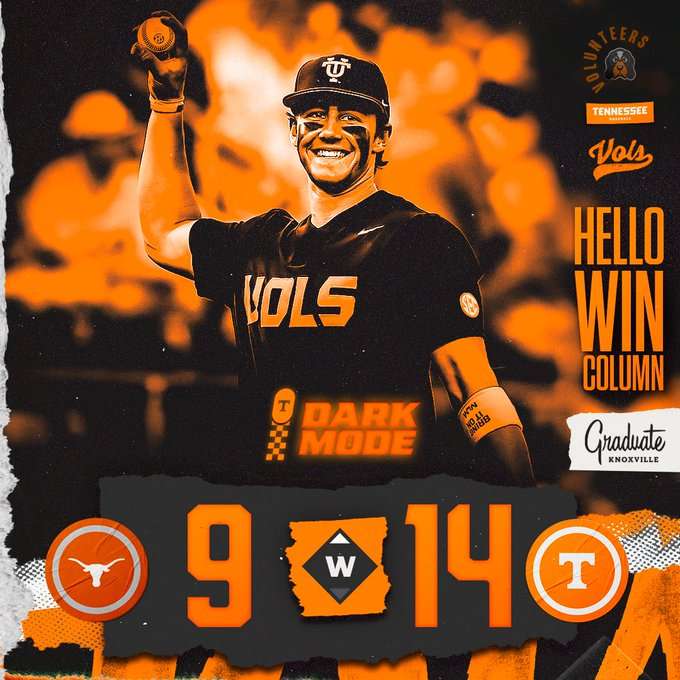 Smiling Tennessee Volunteers player in black uniform lifts a ball to celebrate, orange-dominated collage and 'HELLO WIN COLUMN' text nearby. Final score 9–14 at the bottom.