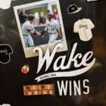 Wake Forest baseball poster showing two players in gray uniforms shaking hands on a framed photo with 'Wake' script and a large 'W' design, plus scoreboard reading 'WAKE 7, 2' and 'WINS' text on a dark background.