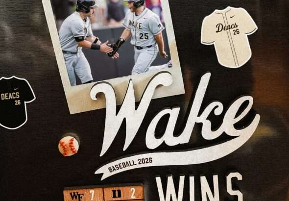 Wake Forest baseball poster showing two players in gray uniforms shaking hands on a framed photo with 'Wake' script and a large 'W' design, plus scoreboard reading 'WAKE 7, 2' and 'WINS' text on a dark background.