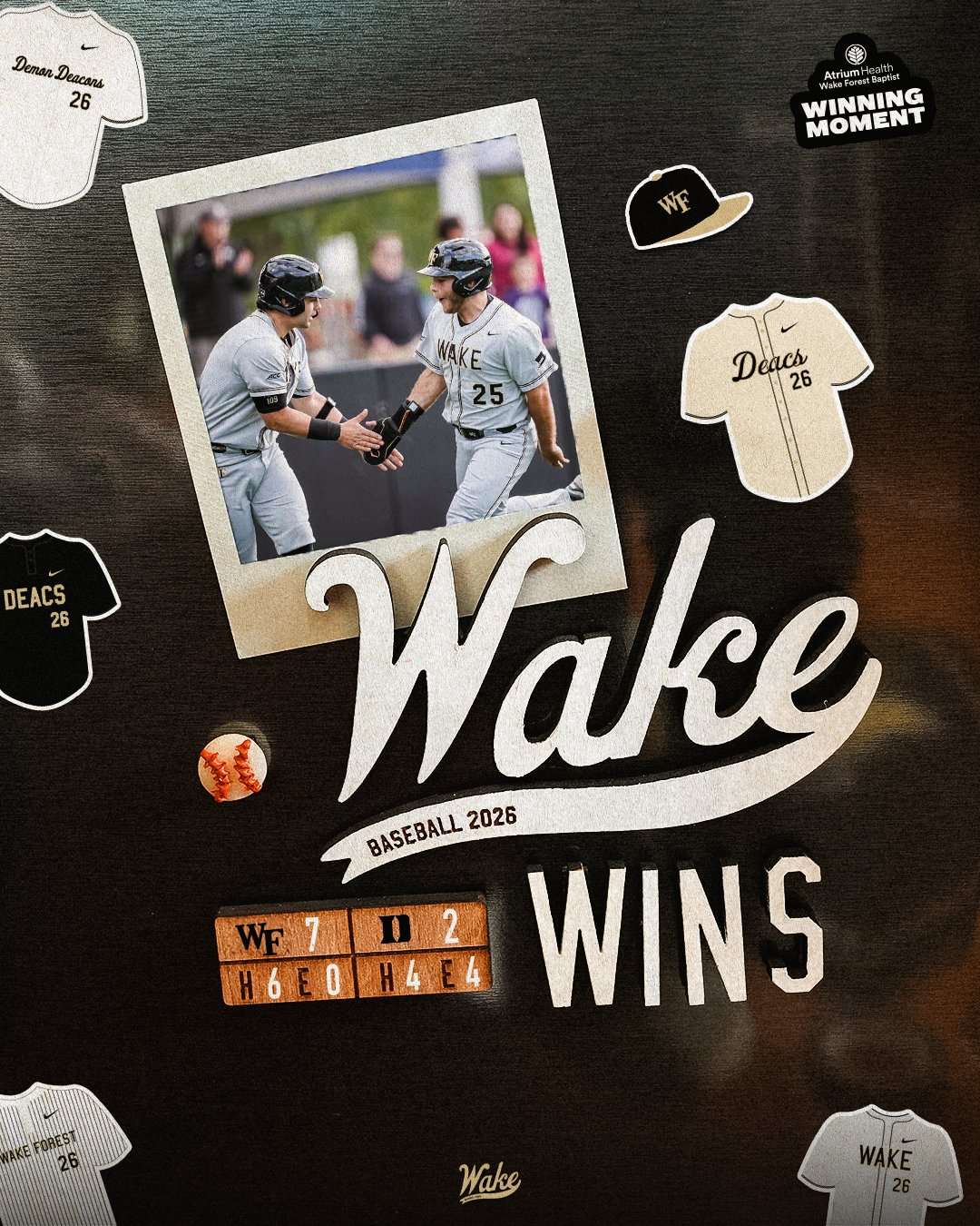 Wake Forest baseball poster showing two players in gray uniforms shaking hands on a framed photo with 'Wake' script and a large 'W' design, plus scoreboard reading 'WAKE 7, 2' and 'WINS' text on a dark background.