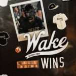 Poster collage announcing Wake Forest baseball 2026 with a player photo, large 'Wake Wins' headline, and a 7–5 scoreboard.