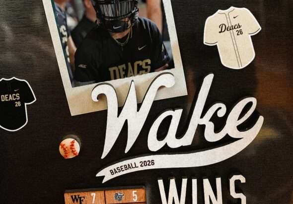 Poster collage announcing Wake Forest baseball 2026 with a player photo, large 'Wake Wins' headline, and a 7–5 scoreboard.