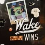 Wake Forest baseball poster celebrating a win, with players fist-bumping and the word 'Wake Wins' prominently displayed.