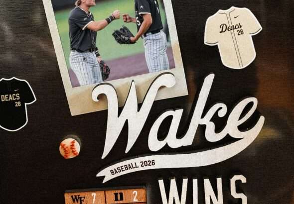Wake Forest baseball poster celebrating a win, with players fist-bumping and the word 'Wake Wins' prominently displayed.