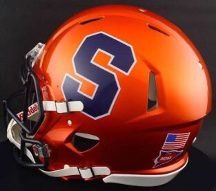 Orange football helmet with a large blue Syracuse 'S' logo, white facemask, and NCAA sticker.