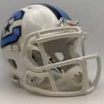 White football helmet with a blue star logo on the side and a white facemask on a neutral background.