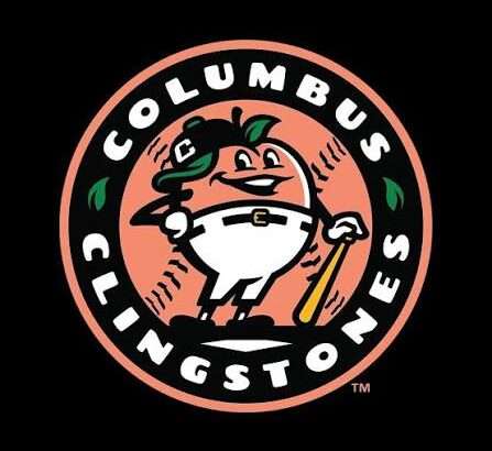 Columbus Clippers logo: a cartoon orange wearing white pants, holding a bat, inside a peach circular badge with black border and 'Columbus Clippers' text