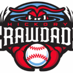 Hickory Crawdads baseball team logo showing a red crawdad gripping a baseball, with blue water details and the team name.