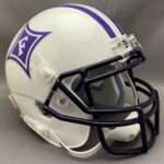 White football helmet with a purple shield logo featuring an 'F' on the side and a dark facemask.