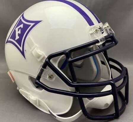 White football helmet with a purple shield logo featuring an 'F' on the side and a dark facemask.