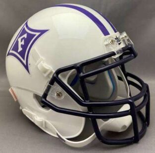 White football helmet with a purple shield logo featuring an 'F' on the side and a dark facemask.