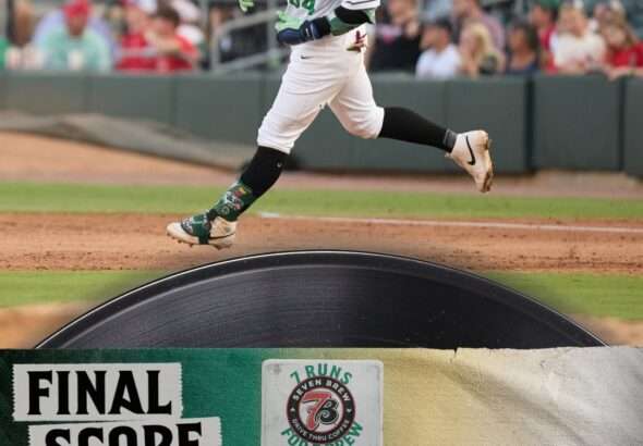 Baseball player in white uniform runs on the field after a hit, with a large 'FINAL SCORE' graphic and 13–3 displayed at the bottom.
