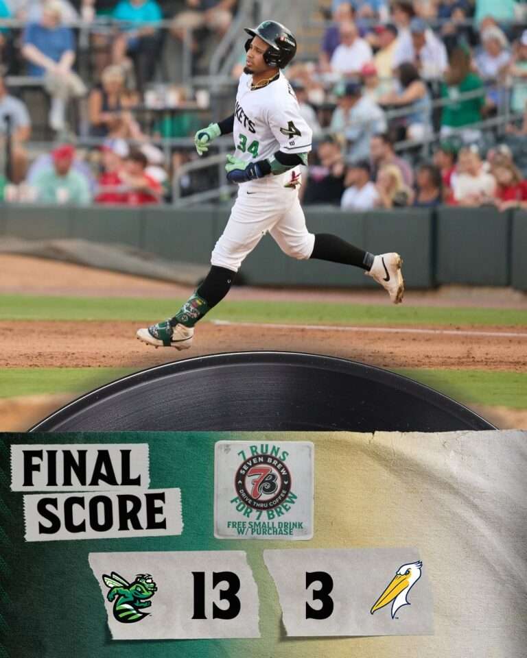 greenjackets » Greenville Sports Media Baseball player in white uniform runs on the field after a hit, with a large 'FINAL SCORE' graphic and 13–3 displayed at the bottom.
