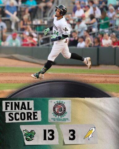 Baseball player in white uniform runs on the field after a hit, with a large 'FINAL SCORE' graphic and 13–3 displayed at the bottom.