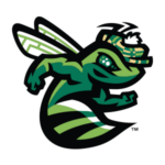 Dynamic green hornet mascot logo in flight with a striped headband and bold black outlines.