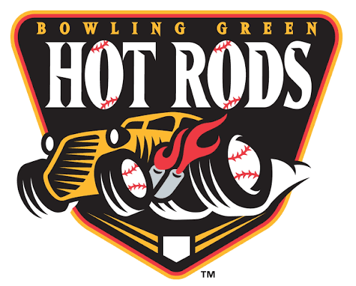 Bowling Green Hot Rods team logo: black shield with a yellow flaming car and bold HOT RODS text, along with baseball imagery.