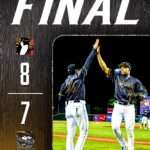 Final score 8–7; two baseball players high-fiving on the field under a large 'FINAL' text at the top.