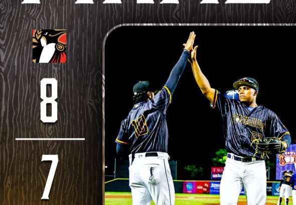 hotrodsrome » Greenville Sports Media Final score 8–7; two baseball players high-fiving on the field under a large 'FINAL' text at the top.