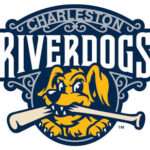 Charleston RiverDogs team logo featuring a yellow bulldog holding a baseball bat in its mouth within a blue shield.