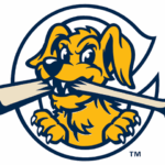 Cartoon yellow dog mascot inside a blue circular frame, chewing a large bone