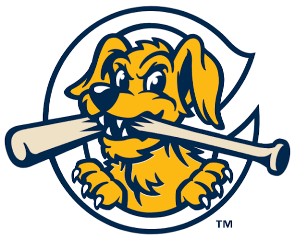 Cartoon yellow dog mascot inside a blue circular frame, chewing a large bone