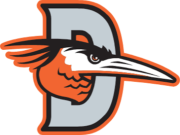 Logo of a pelican head crossing a gray letter D with an orange outline edge.