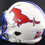 White football helmet with blue trim and a red mustang logo on the side.