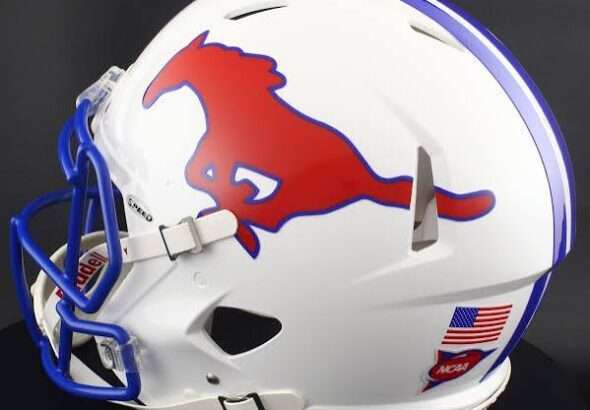 White football helmet with blue trim and a red mustang logo on the side.