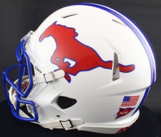 White football helmet with blue trim and a red mustang logo on the side.