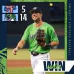 Baseball player in a green uniform with a white 'WIN' banner and score 5-14 shown on the left, promoting a win for the Northside Hospital team.