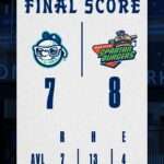 Final score graphic: Hub City Spartans 8, Asheville Tourists 7, with team logos and a 'Final Score' heading.