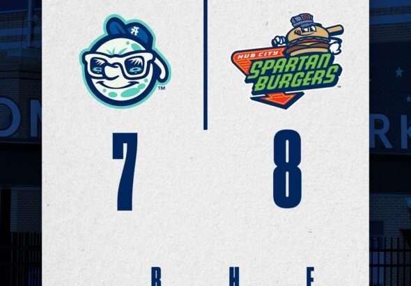 touristshubcity1 » Greenville Sports Media Final score graphic: Hub City Spartans 8, Asheville Tourists 7, with team logos and a 'Final Score' heading.