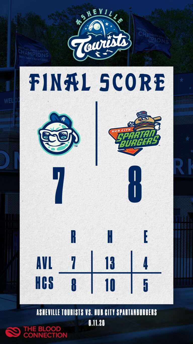 Final score graphic: Hub City Spartans 8, Asheville Tourists 7, with team logos and a 'Final Score' heading.
