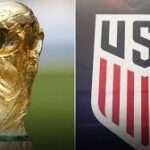 Split image showing the FIFA World Cup trophy on the left and the USA Soccer shield on the right, separated by a vertical divider.