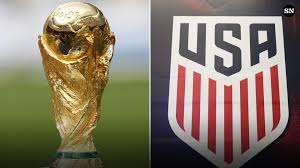 Split image showing the FIFA World Cup trophy on the left and the USA Soccer shield on the right, separated by a vertical divider.