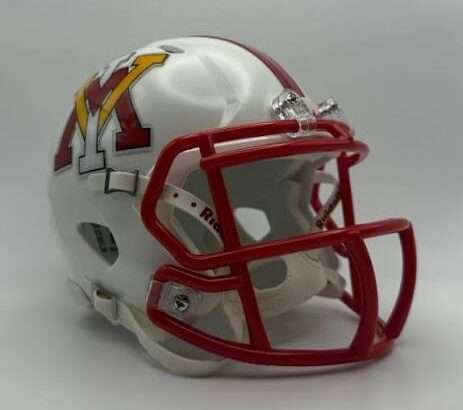 White American football helmet with a red facemask and a colorful NY-style logo on the side by the shell edge.