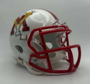 White American football helmet with a red facemask and a colorful NY-style logo on the side by the shell edge.