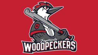Fayetteville Woodpeckers logo: a woodpecker mascot gripping a gray bat on a red background, with 'Fayetteville Woodpeckers' text.