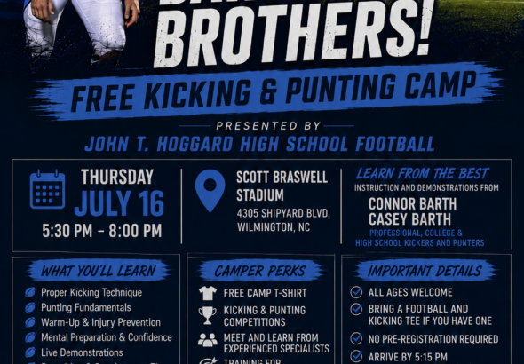 Poster for the 11th annual Kickin’ It with the Barth Brothers, a free kicking and punting camp, July 16, 5:30–8 PM, Scott Braswell Stadium, Wilmington, NC.